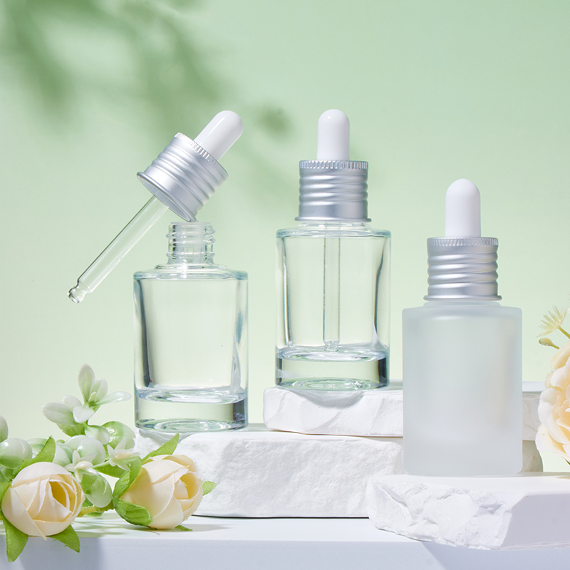 Bottiglie contagocce in vetro smerigliato e trasparente con cerchio argento da 20 mm e 30 ml